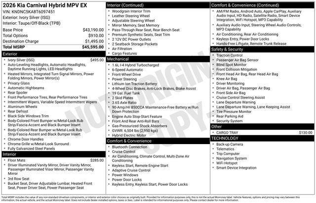 2026 Kia Carnival Hybrid EX