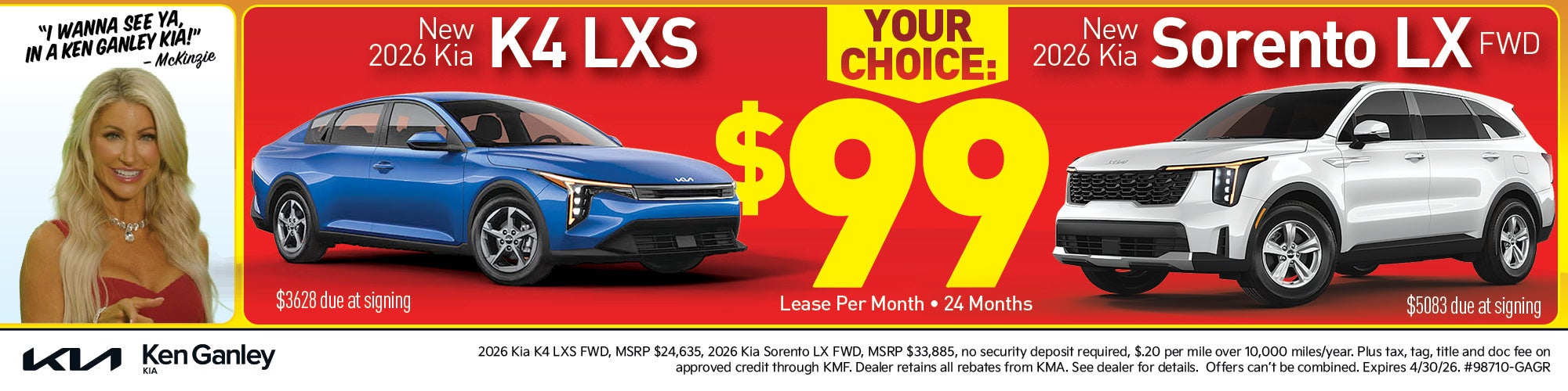 New 2026 Kia K4 LXS or New 2026 Kia Sorento LX $99 per month