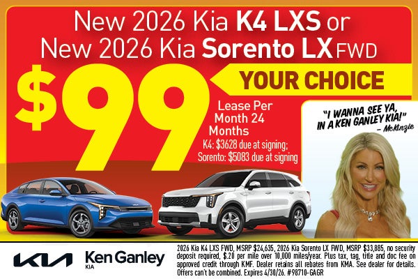 New 2026 Kia K4 LXS or New 2026 Kia Sorento LX $99 per month